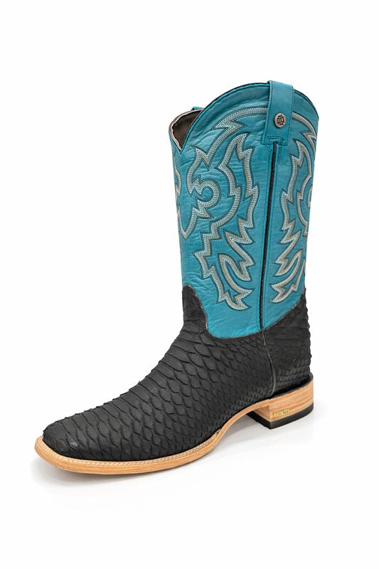 Midnight Outlaw Exotic Python Cowboy Boots – Black Scale with Turquoise Western Shaft