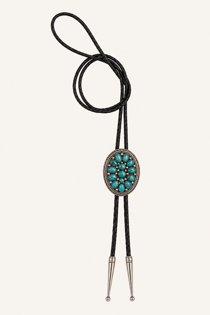 Native American Sterling Silver Turquoise Cluster Bolo Tie – Signed DN