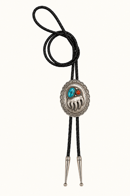 Native American Sterling Silver Turquoise Bear Paw Bolo Tie – Signed W.M.