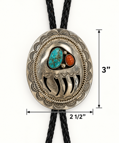 Native American Sterling Silver Turquoise Bear Paw Bolo Tie – Signed W.M.
