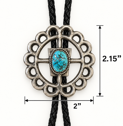 Native American Sterling Silver Sandcast Turquoise Bolo Tie – Signed BK