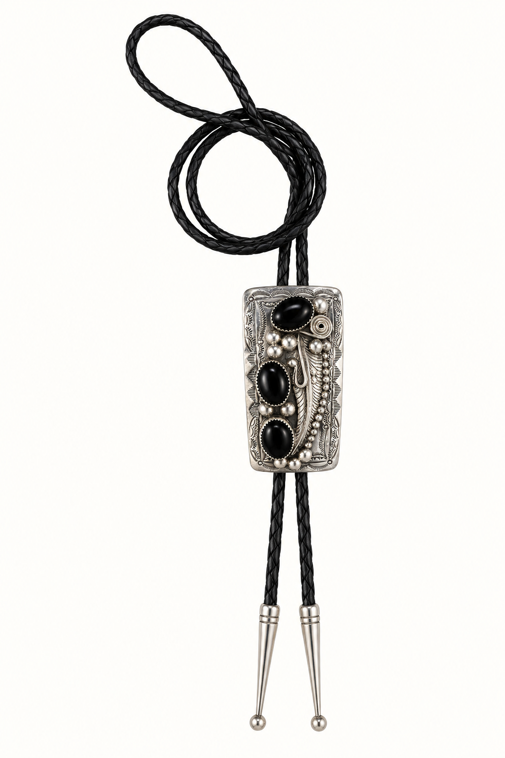 Native American Sterling Silver Black Onyx Feather Bolo Tie – Signed W.M.