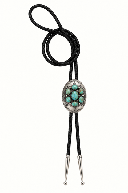 Native American Sterling Silver Seven-Stone Turquoise Cluster Bolo Tie – Signed JB
