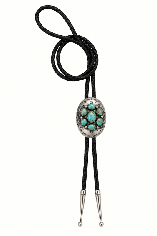 Native American Sterling Silver Seven-Stone Turquoise Cluster Bolo Tie – Signed JB