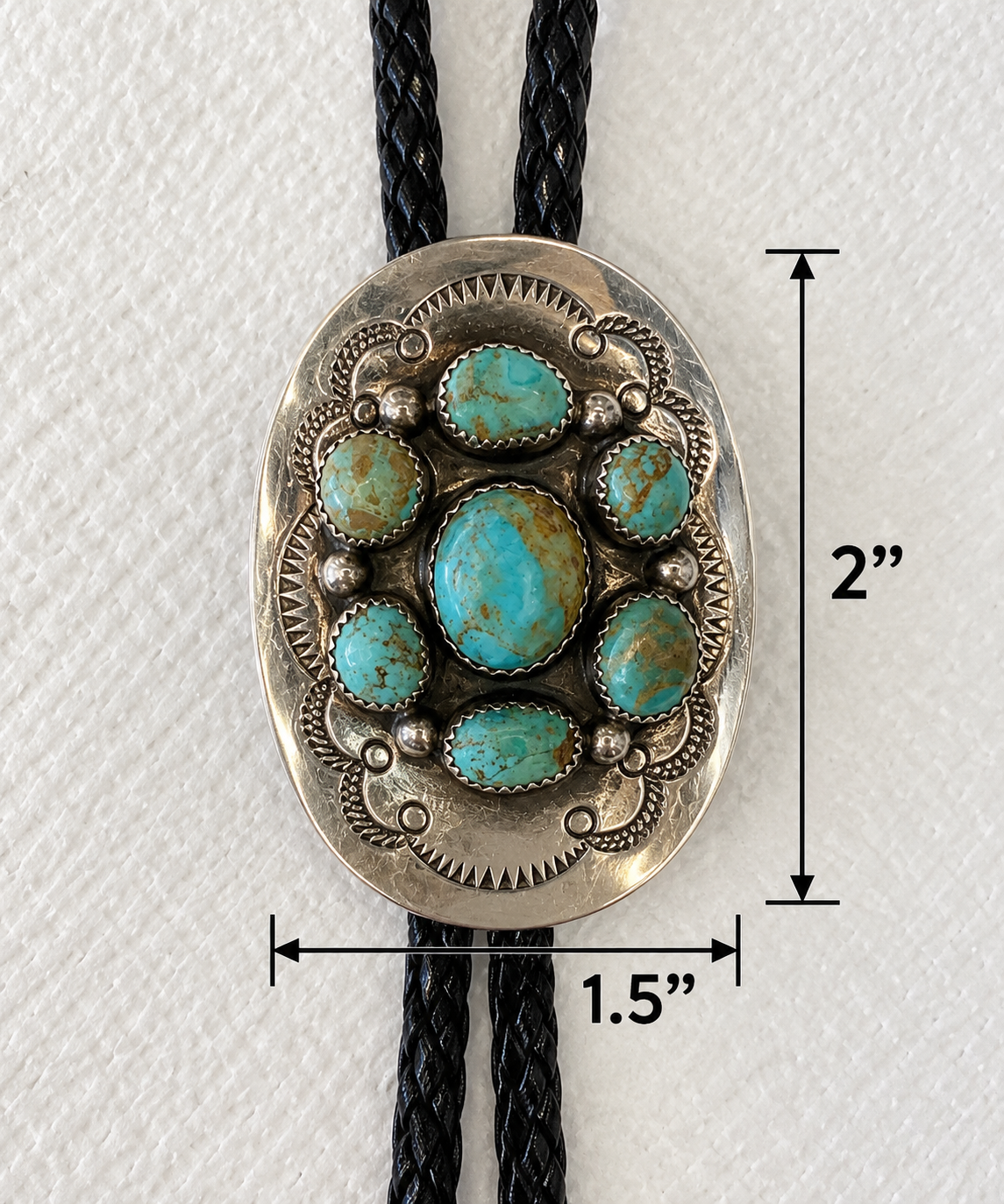 Native American Sterling Silver Seven-Stone Turquoise Cluster Bolo Tie – Signed JB