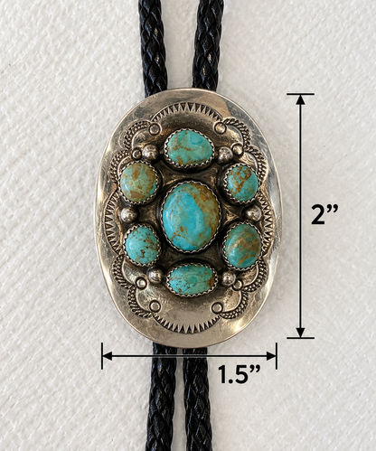 Native American Sterling Silver Seven-Stone Turquoise Cluster Bolo Tie – Signed JB