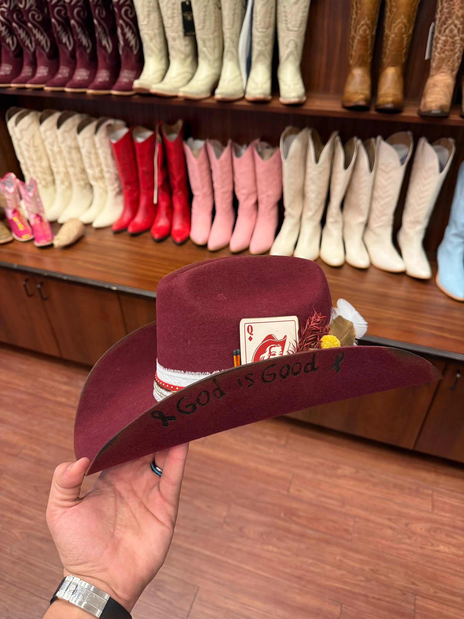 “God Is Good” Custom Burgundy Cowboy Hat – Handcrafted Western Statement Last Rodeo Western Wear & Hat Bar