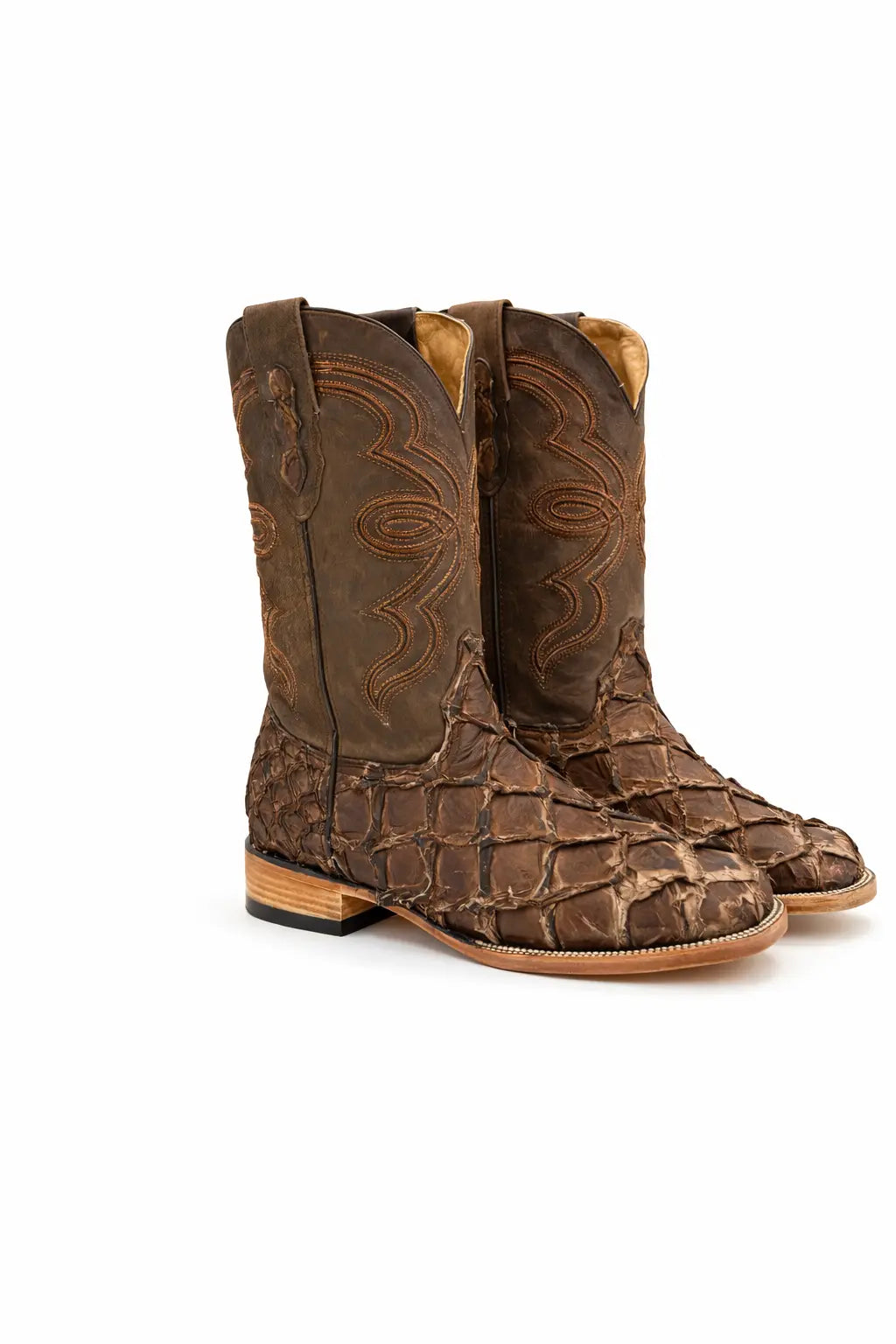 Men’s Pirarucu Fish Leather Exotic Cowboy Boots – Broad Square Toe | Outlaw River Last Rodeo Western Wear & Hat Bar