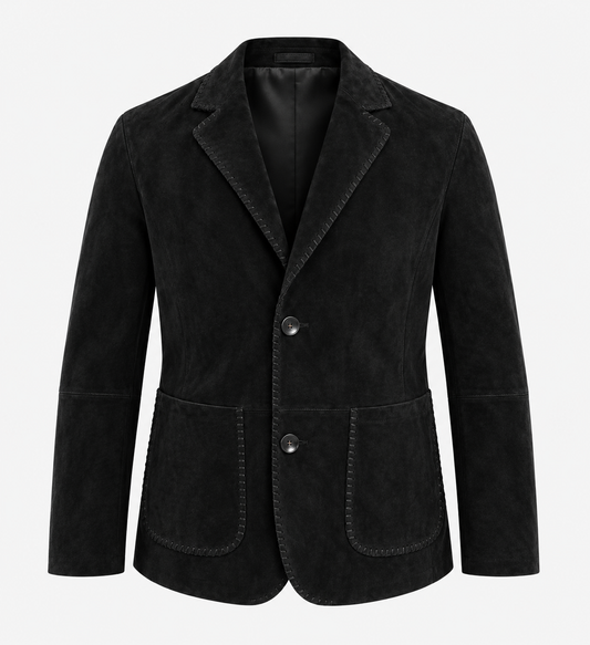 Men's black lambskin suede western blazer, front view – luxury Italian suede jacket with whipstitch lapels and patch pockets by Last Rodeo