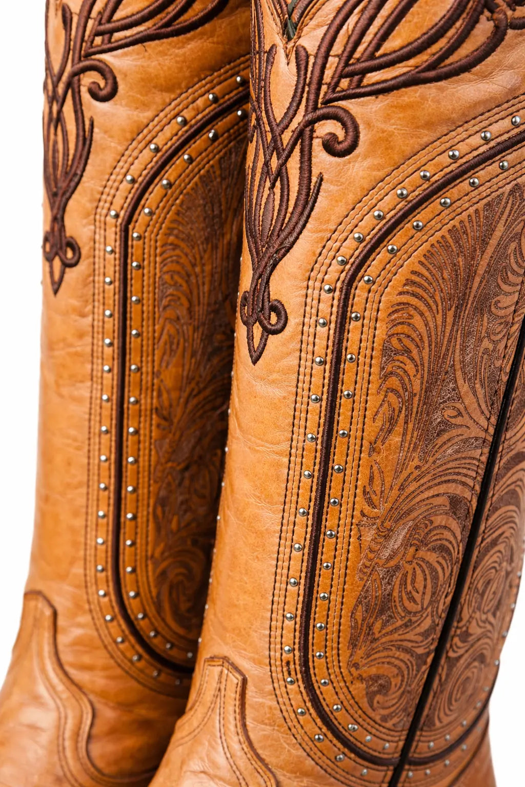 Women’s Cognac Snip Toe Western Cowboy Boots – 16” Tall Embroidered Leather Last Rodeo Western Wear & Hat Bar