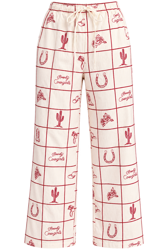Howdy Cowgirls ivory wide-leg pants with burgundy embroidered cacti, horseshoes, boots and roses – Last Rodeo