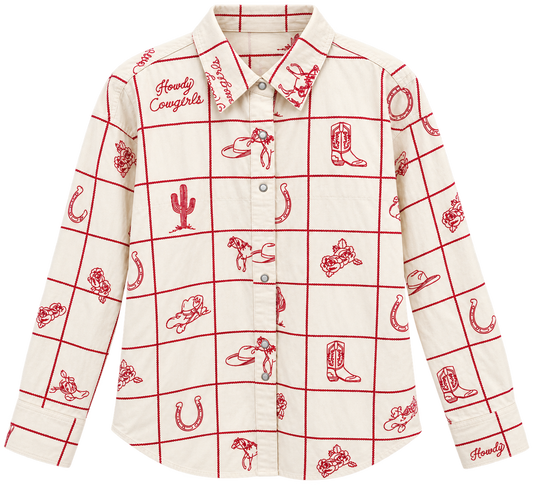 Howdy Cowgirls ivory women's western shirt with burgundy embroidered boots, cacti, horseshoes and roses – Last Rodeo