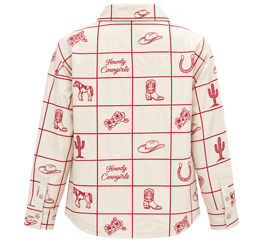 Embroidered cowgirl western button-up shirt in ivory and burgundy with Howdy Cowgirls lettering – Last Rodeo