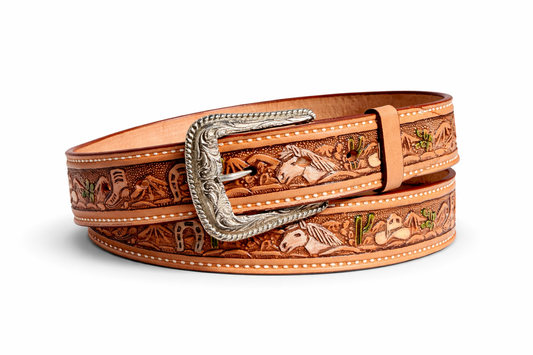 Hand-Tooled Western Leather Cowboy Belt – Desert Horse Design Removable Buckle
