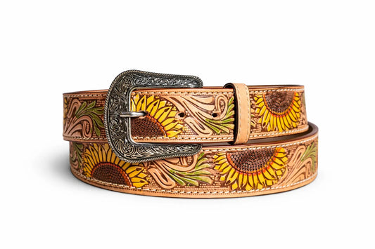 Unisex Western Leather Belt – Hand-Tooled Sunflower Design Last Rodeo Western Wear & Hat Bar