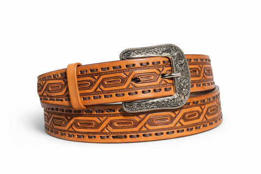 Hand-Tooled Western Leather Belt – Geometric Desert Pattern | Unisex Cowboy Belt