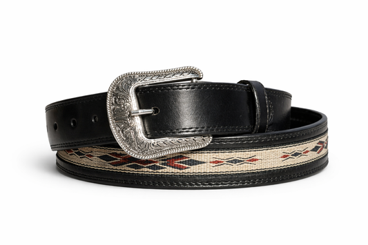 Black Genuine Leather Southwestern Cowboy Belt – Removable Buckle Western Belt