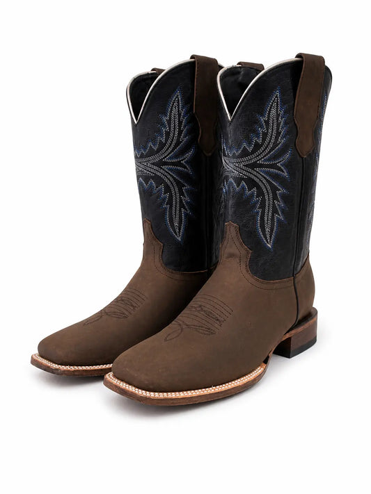 Men’s Square Toe Western Boots – Brown Leather with Black Shaft & Blue Stitching