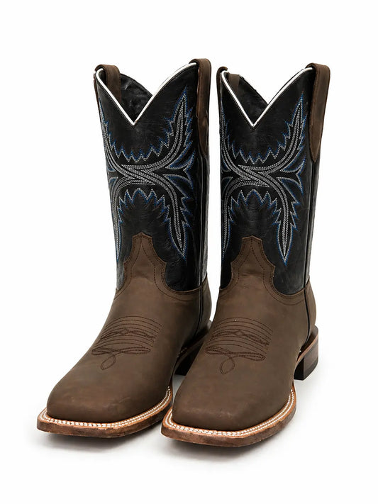 Men’s Square Toe Western Boots – Brown Leather with Black Shaft & Blue Stitching
