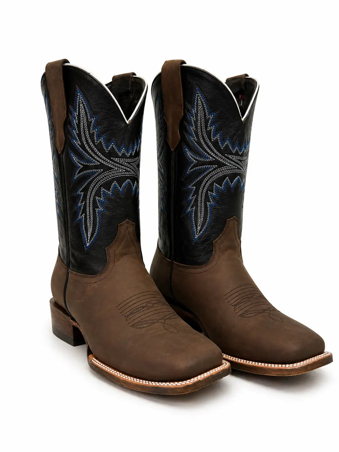 Men’s Square Toe Western Boots – Brown Leather with Black Shaft & Blue Stitching Last Rodeo Western Wear & Hat Bar
