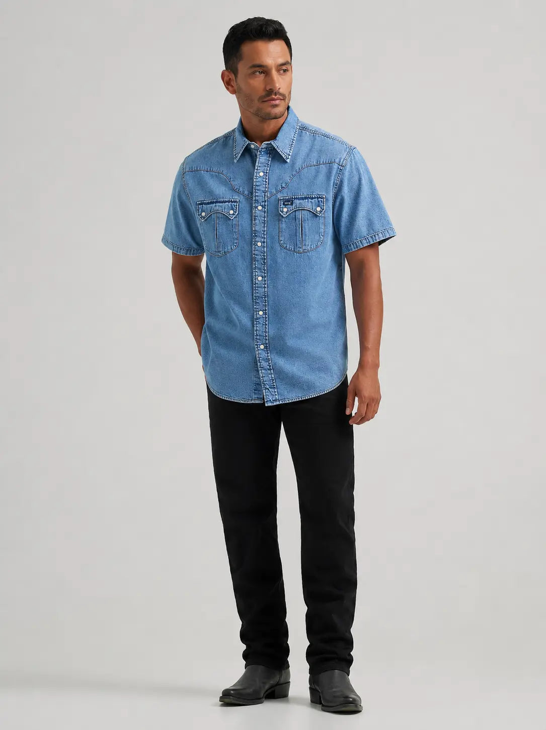 Wrangler Men’s Short Sleeve Denim Western Snap Shirt – Light Wash Last Rodeo Western Wear & Hat Bar