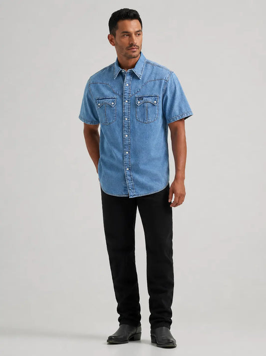 Wrangler Men’s Short Sleeve Denim Western Snap Shirt – Light Wash Last Rodeo Western Wear & Hat Bar