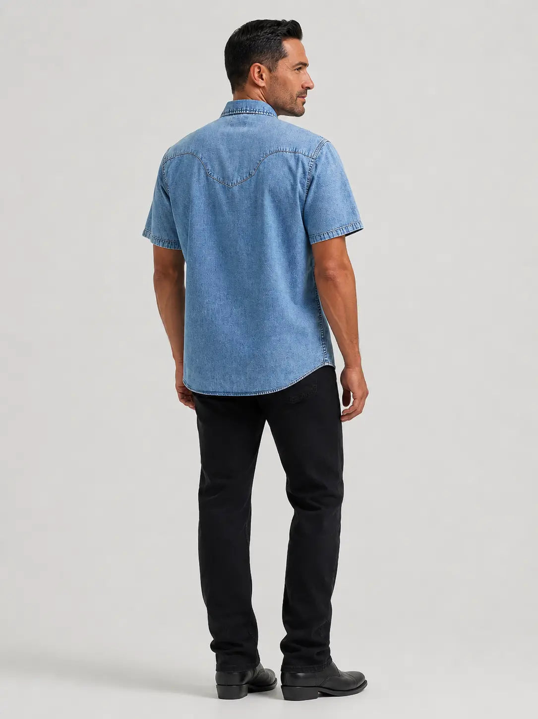 Wrangler Men’s Short Sleeve Denim Western Snap Shirt – Light Wash Last Rodeo Western Wear & Hat Bar