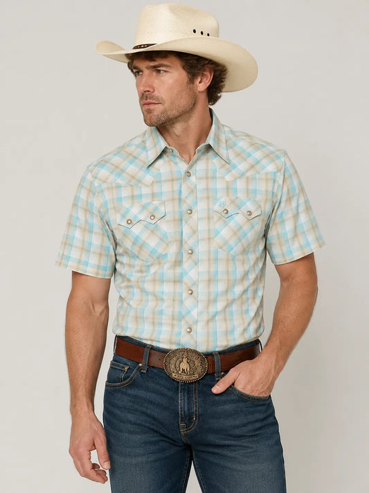 Wrangler Men’s Plaid Short Sleeve Western Snap Shirt – Cream & Sky Blue Last Rodeo Western Wear & Hat Bar