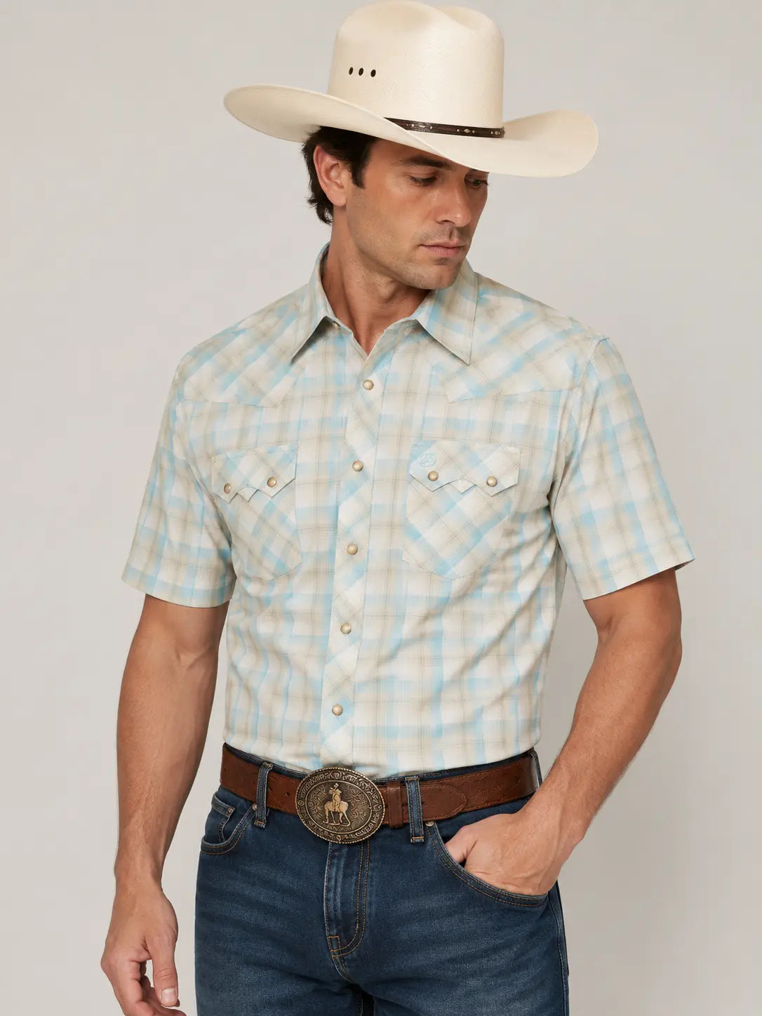 Wrangler Men’s Plaid Short Sleeve Western Snap Shirt – Cream & Sky Blue Last Rodeo Western Wear & Hat Bar