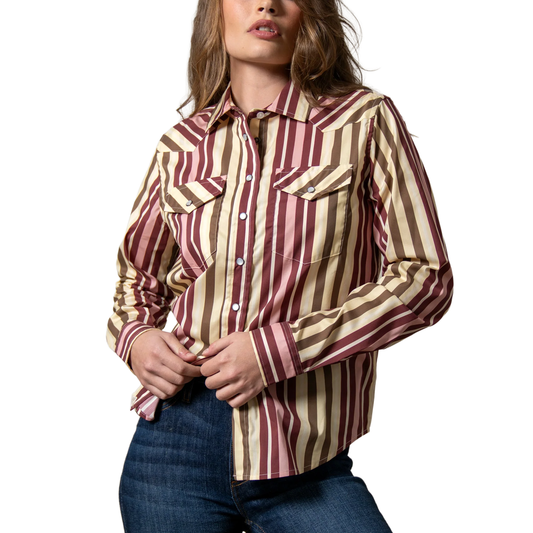Kimes Ranch Women’s Kai Long Sleeve Western Shirt – Maroon Stripe Last Rodeo Western Wear & Hat Bar