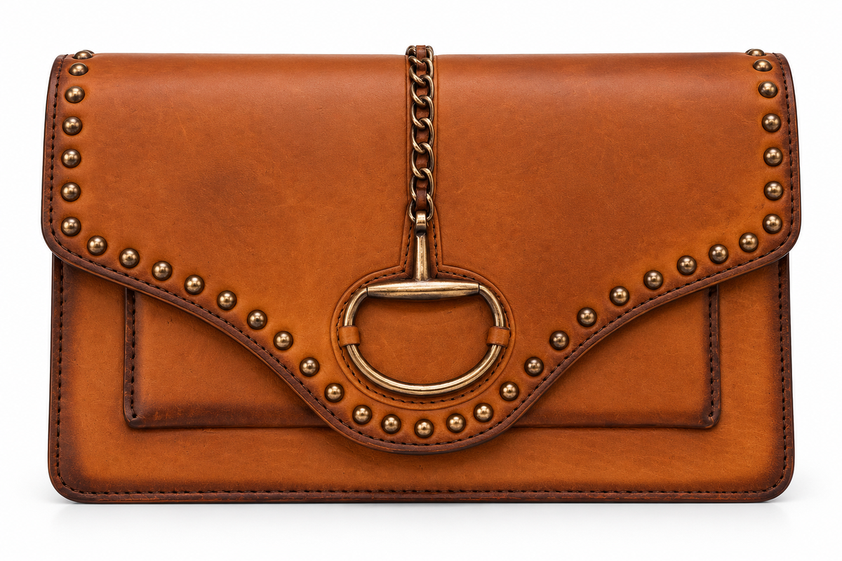American Darling Cognac Tan Leather Studded Chain Crossbody Bag