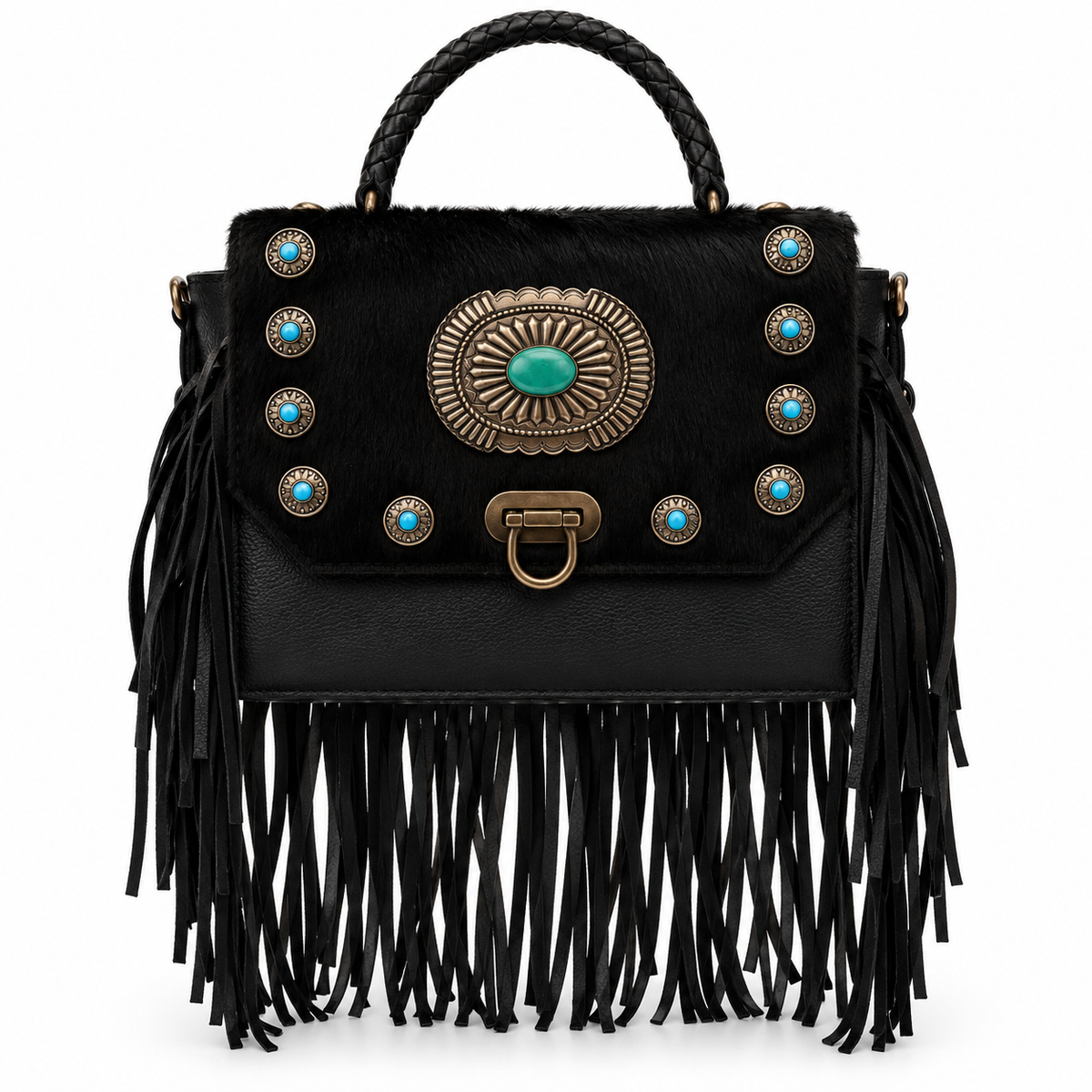 American Darling Black Leather Fringe Crossbody Bag with Turquoise Conchos