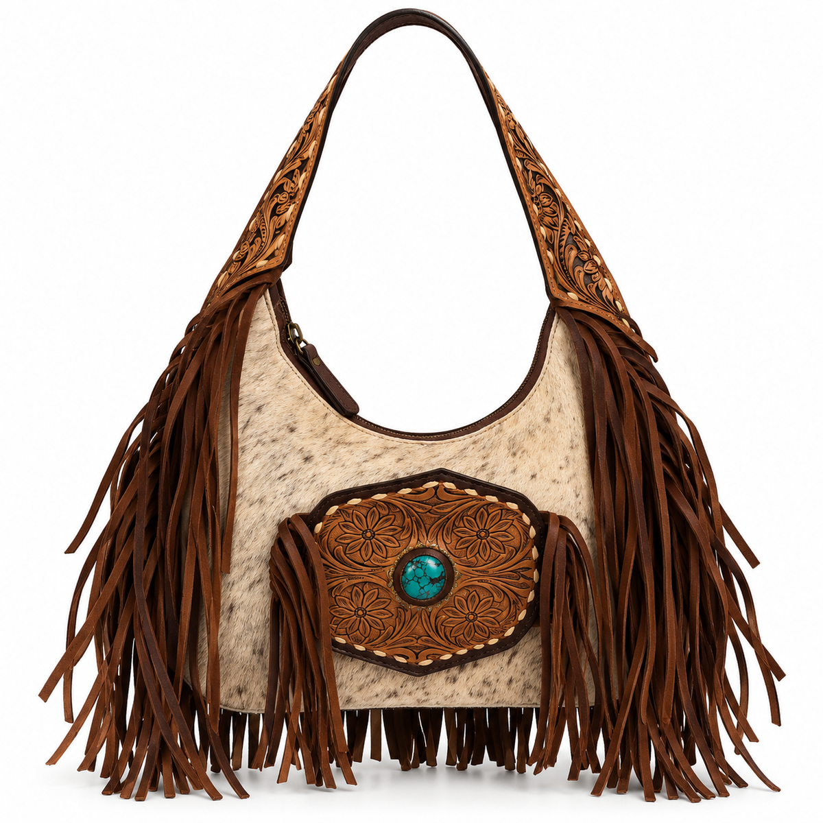 American Darling Hair-On Hide Hobo Bag with Tooled Leather & Turquoise Concho