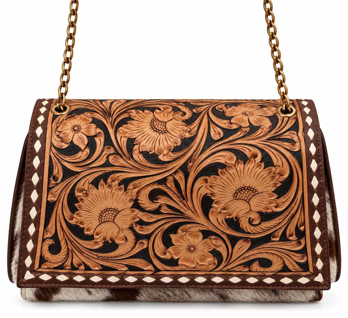 American Darling Hand-Tooled Hair-On Cowhide Chain Crossbody Bag