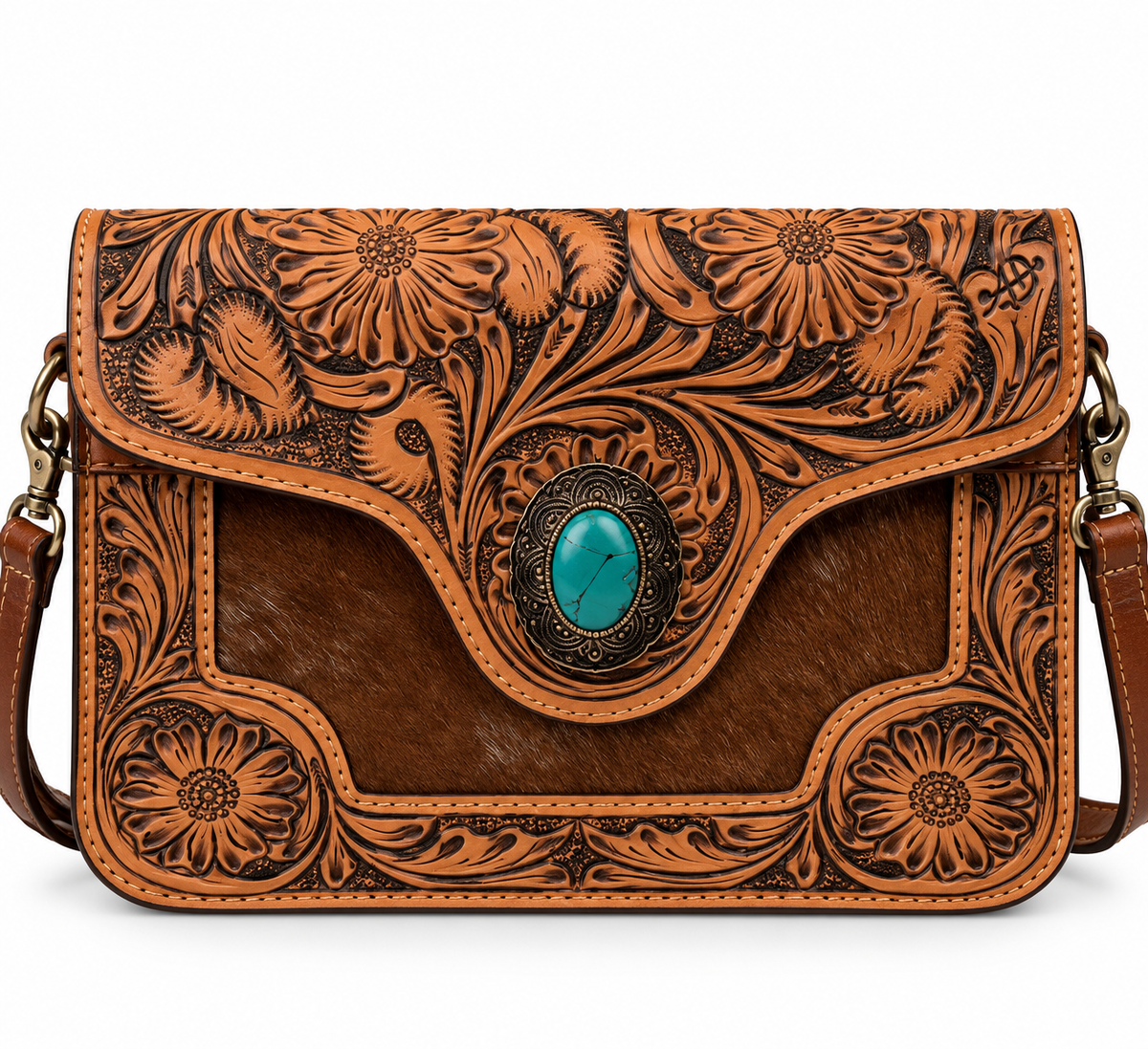 American Darling Hand-Tooled Floral Cowhide Crossbody Bag with Turquoise Concho