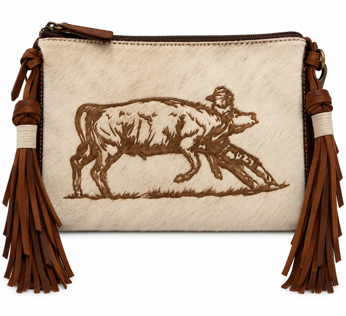 American Darling Hair-On Cowhide Fringe Crossbody Bag – Bull Rider Design