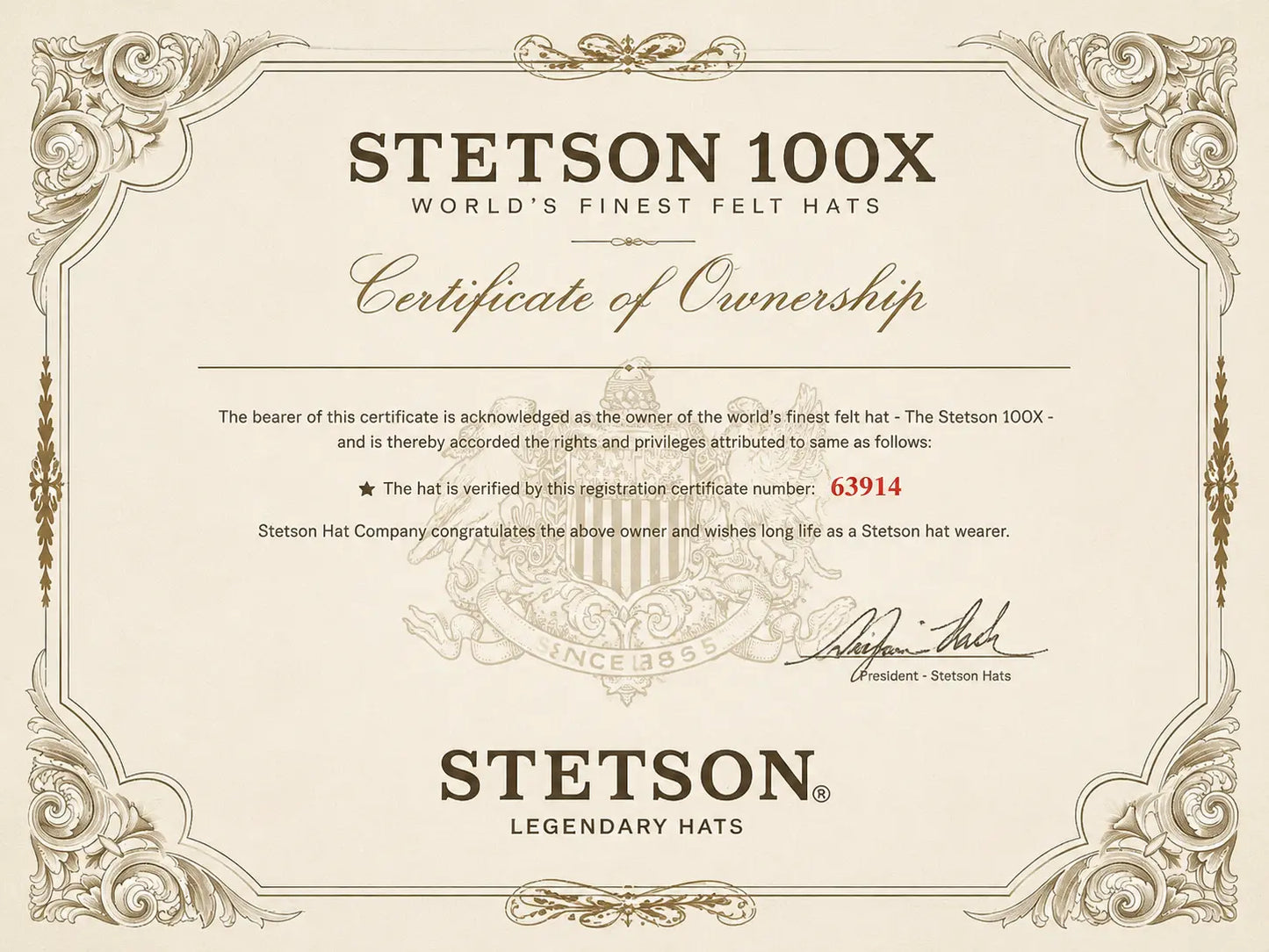 Stetson El Presidente 100X Felt
Cowboy Hat - 4 1/4" Brim Stetson