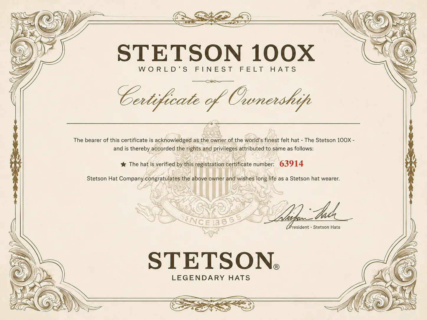 Stetson El Presidente 100X Felt
Cowboy Hat - 4 1/4" Brim Stetson