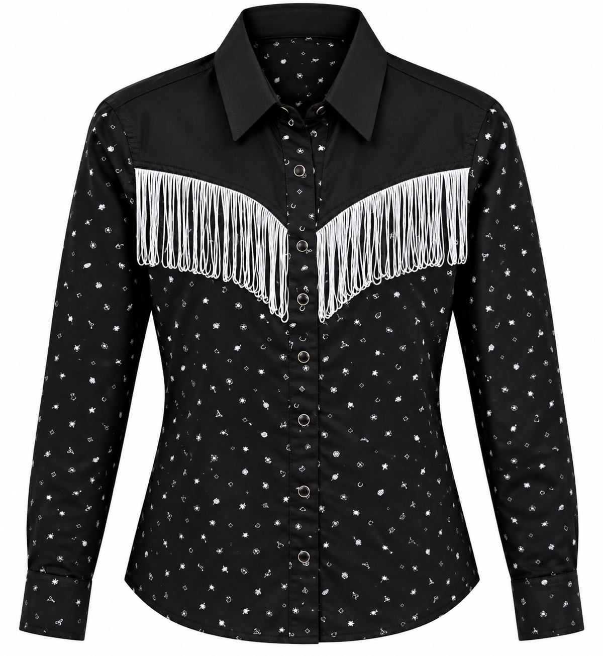 Black western print snap shirt with fringe yoke – Last Rodeo