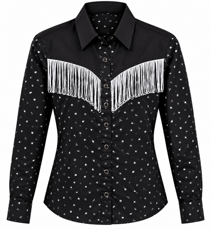 Black western print snap shirt with fringe yoke – Last Rodeo