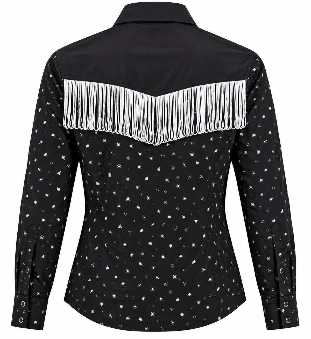 Black western fringe snap shirt with white chest fringe – Last Rodeo