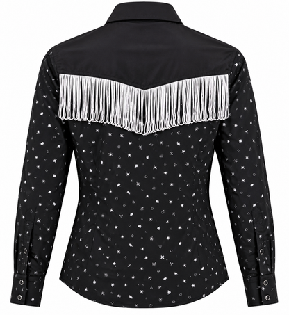 Black western fringe snap shirt with white chest fringe – Last Rodeo