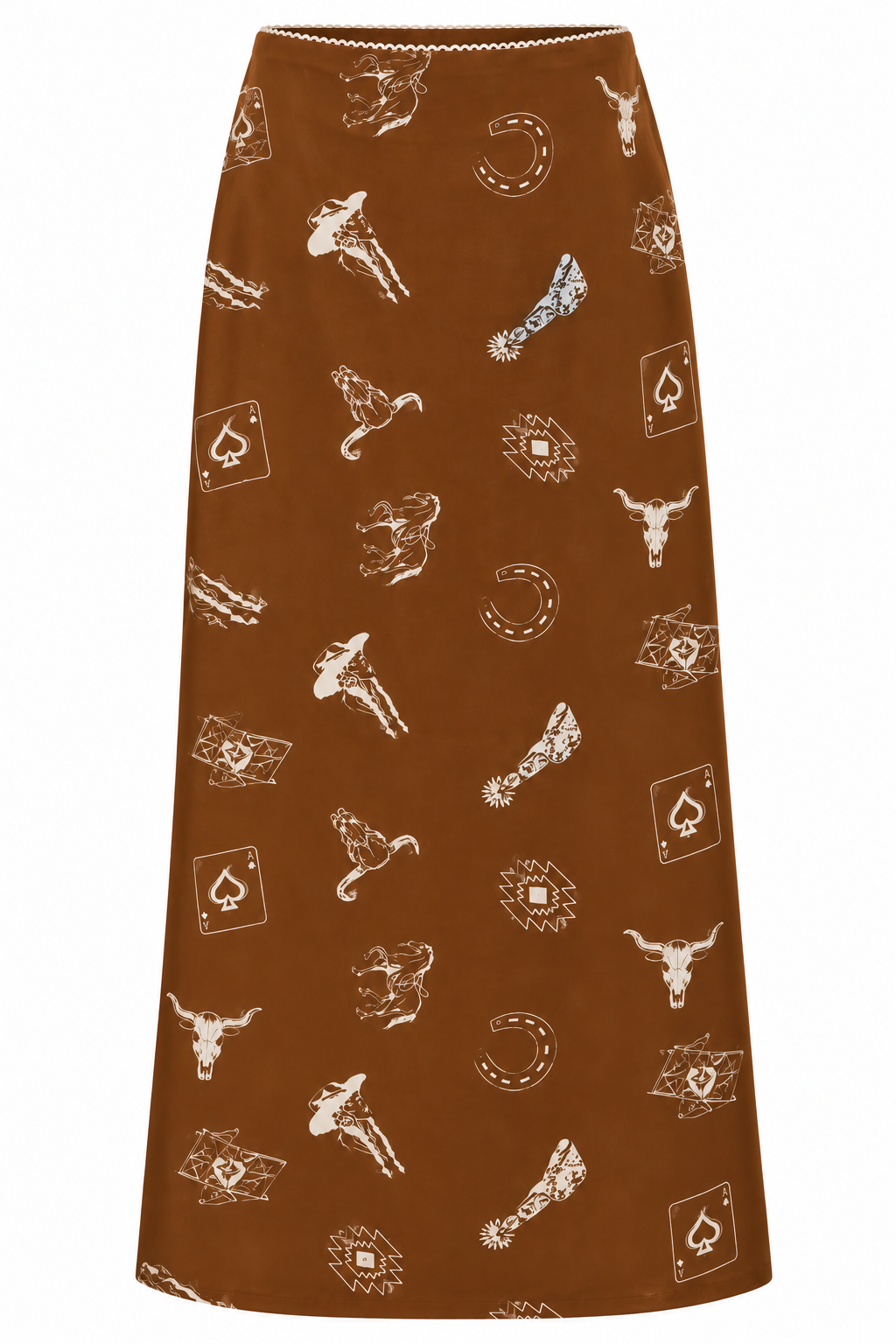 Brown western print maxi skirt with horseshoe and cowboy motifs – Last Rodeo
