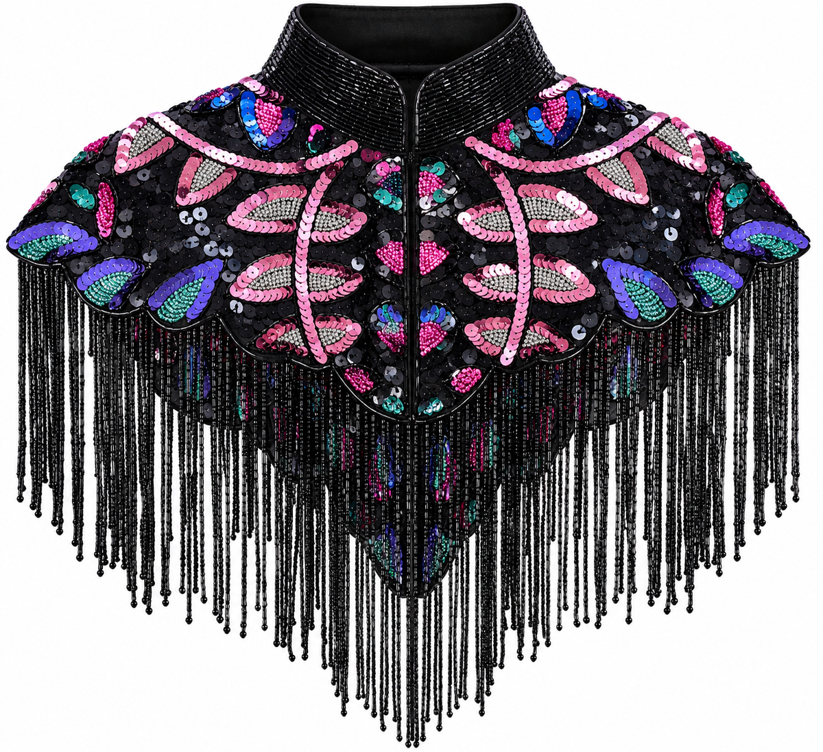 Black multicolor beaded fringe western capelet with sequins – Last Rodeo