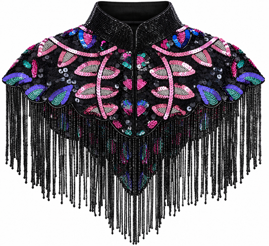 Black multicolor beaded fringe western capelet with sequins – Last Rodeo