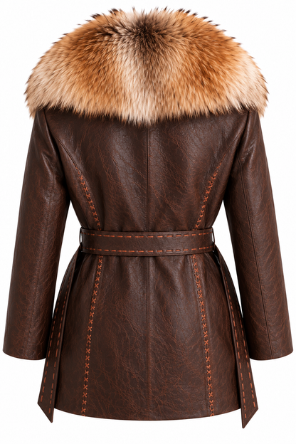 Genuine fox fur collar leather jacket with tie belt, luxury western style – Last Rodeo