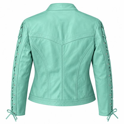Turquoise genuine lambskin cowgirl leather jacket detail – Last Rodeo