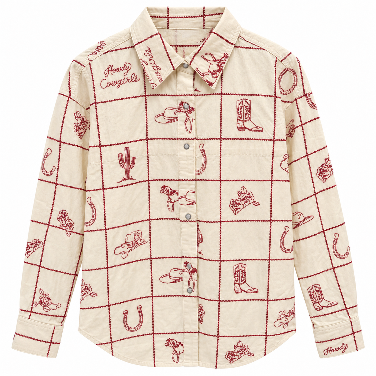 Howdy Cowgirls Embroidered Western Shirt – Ivory & Burgundy