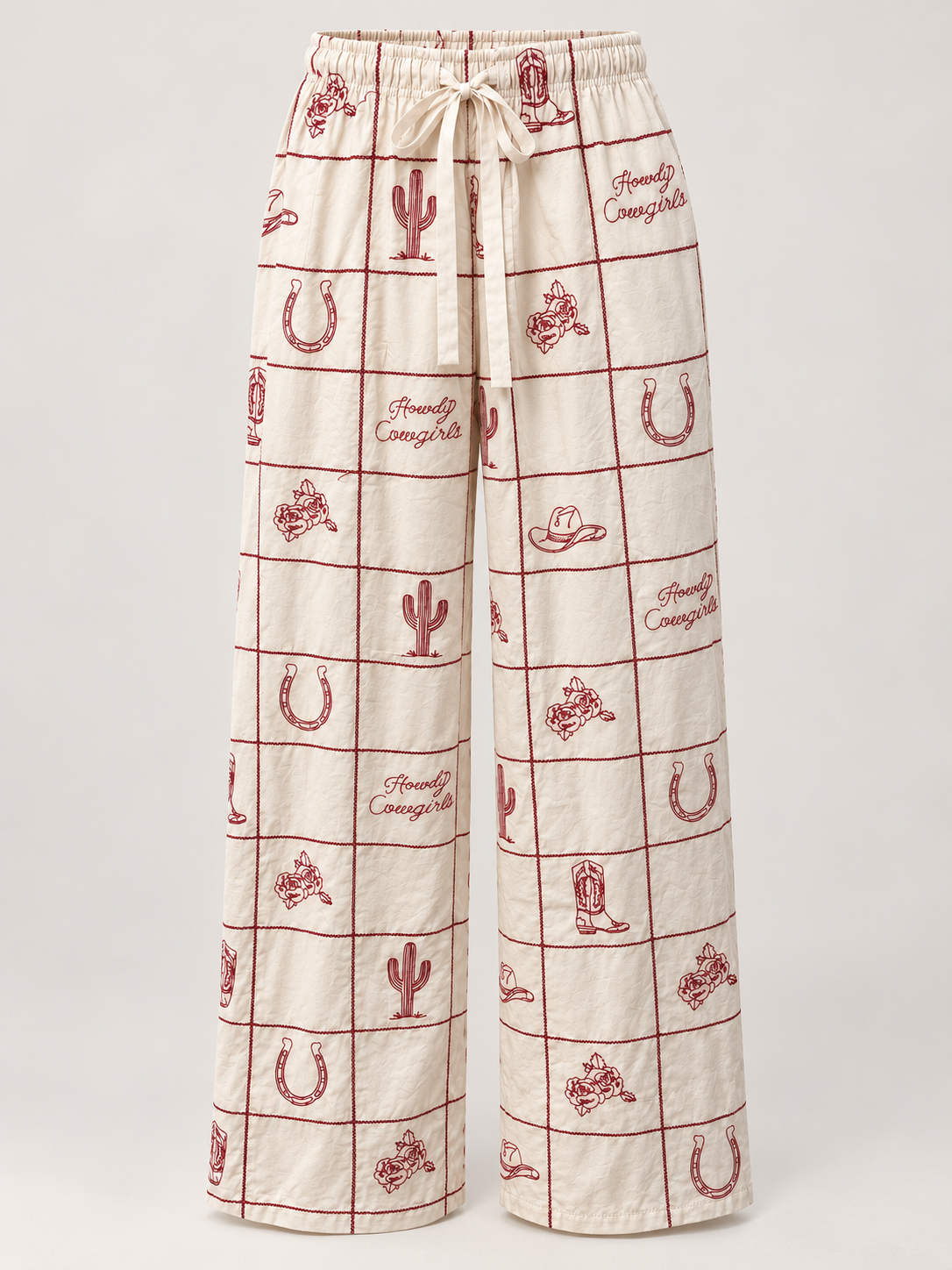Howdy Cowgirls Embroidered Wide-Leg Pants – Ivory & Burgundy