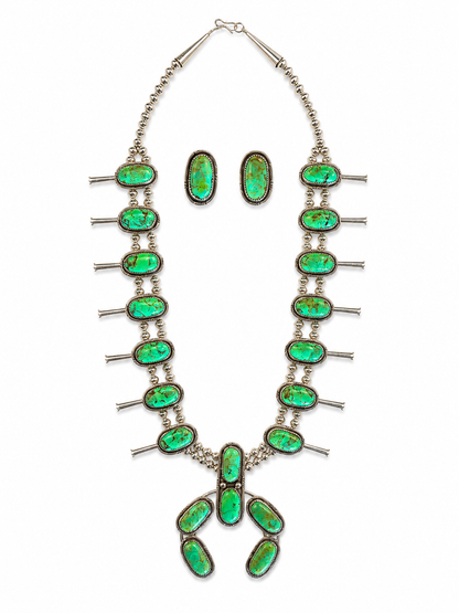 Vintage Sterling Silver Green Turquoise Squash Blossom Necklace & Earring Set Last Rodeo Western Wear & Hat Bar
